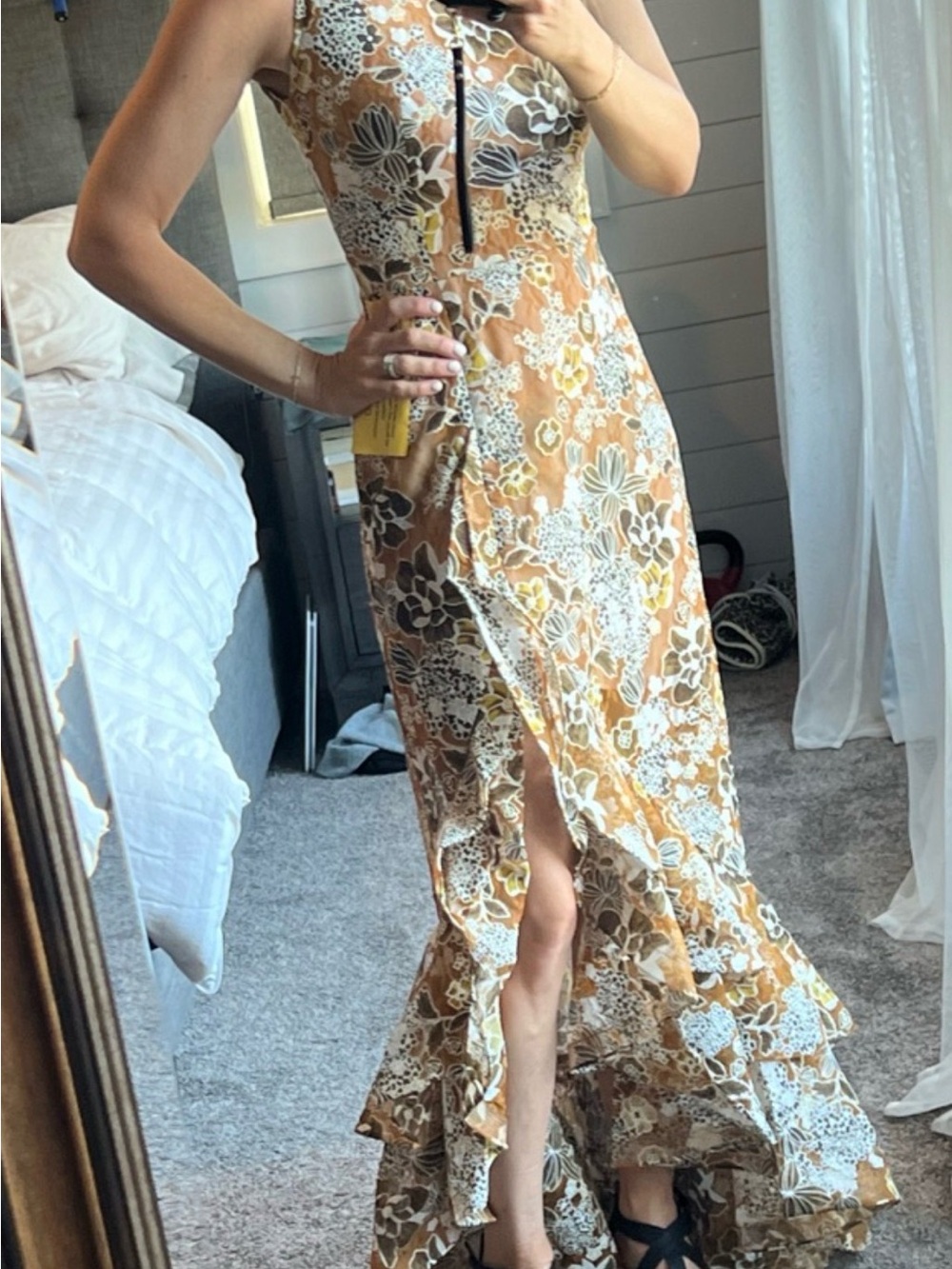 Bronx and Banco Floral Halter High-Low Maxi Dress in Tan and White - Picture 4 of 10